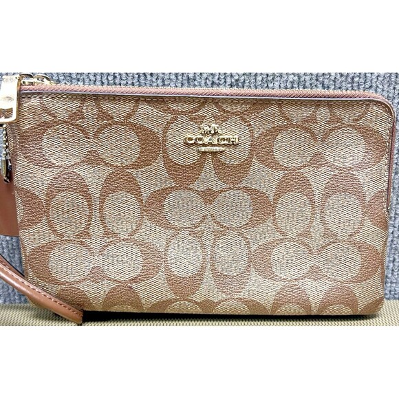 Coach Handbags - COACH Double Corner Zip Around Wristlet Brown Signature Coated Canvas